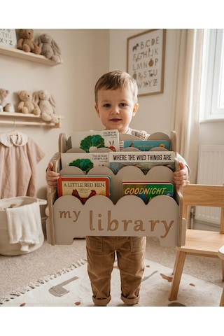 Montessori Ahşap Çocuk Kitaplık Gri Eğitici Ve Dekoratif Tasarım My Library Gri