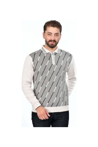 Kamalı Erkek Çelik Örgü Baklava Desenli Gömlek Yaka Fermuarlı Polo Yakalı Tüylenmez Triko Kışlık Baba Kazak Taş