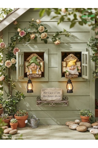 Dekoratif Fenerli Welcome Cüce Çifti 2li Set Dekoratif Kapı Ve Duvar Süsü Renk Seçenekli 17x15 Cm. Kırmızı Sarı