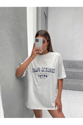 Palm Springs T-shirt - Gri Baskılı Oversize Bisiklet Yaka Kısa Kol Tişört Gri