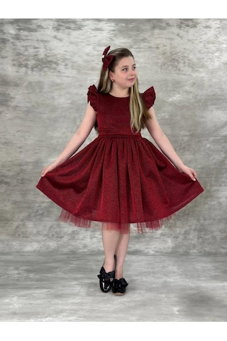 Riccotarz Kız Çocuk Omzu Fırfırlı Parıldayan Bordo Elbise Bordo