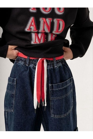 Zekids Kız Çocuk Beli Lastikli Renkli Kemerli Bol Paça Tasarım Kot Pantolon-14769 Lacivert