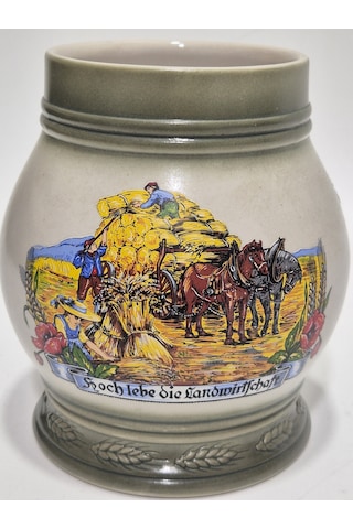 Vintage Tankart Hasat Zamanı Temalı Alman Seramik Bira Bardağı 13,5cm
