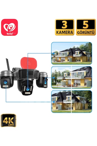 Veesky+ S308 3 Kameralı 6mp 4k Ultrahd Wifi Kamera Siren Gece Görüş
