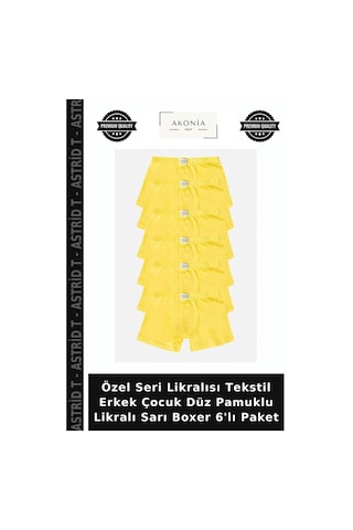 Astrid T Özel Seri Likralısı Tekstil Erkek Çocuk Düz Pamuklu Likralı Sarı Boxer 6'lı Paket