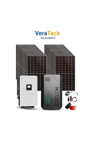 Veratech 15kw Villa Solar Paketi - 600w Topcon Half Cut Günaş Paneli, 15kw Hibrit İnverter, 15kw Lityum Batarya