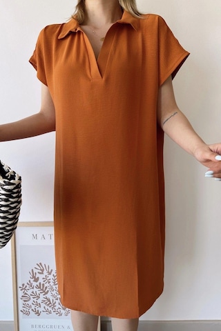 Kadın Kiremit Kısa Kol, Polo Yaka, Dokulu Desen, Basic Kalıp/kesim, Aerobin Rahat Midi Elbise Kiremit