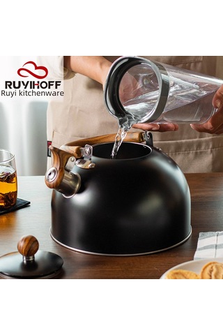 Mufunye 3l Paslanmaz Çelik Kaynar Su Potu, Ahşap Desenli Kollü, Modern Mutfak/bar İçin Zilli, Siyah, Dayanıklı, Çok Amaçlı Diğer