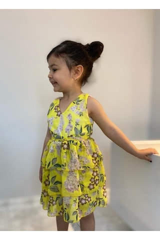 MODAVALS LİMON SARI KARDEŞ KOMBİN ÇİÇEKLİ KIZ ÇOCUK ELBİSE & BANDANA KOMBİN Sarı