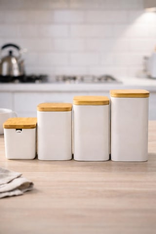4 Lü Porselen Kavanoz Seti Bambu Kapaklı Çay,şeker,kahve,tuz Kavanozu Saklama Kabı Tezgah Üstü Beyaz