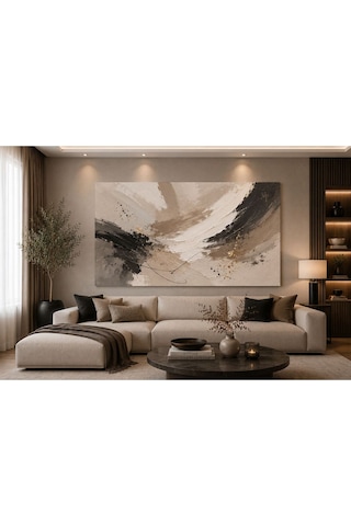 Modern Soyut Dokulu Fırça Darbeleri Kanvas Tablo Bej, Krem, Vizon, Siyah Ve Gold Detaylı Lüks Salon & Yatak Odası Duvar Dekoru Çerçevesiz Premium Baskı