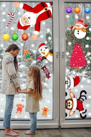 Yılbaşı Sticker Noel Baba Geyik Penguen ve Kar Taneleri Cam Duvar Süsü