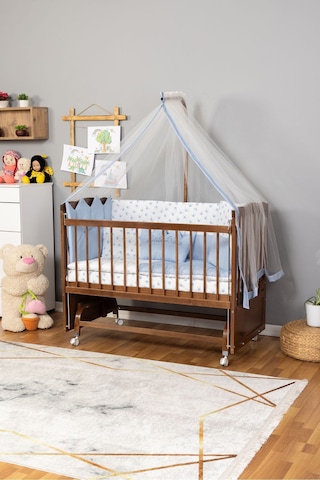 Ahşap Beşik Anne Yanı Beşik Ceviz 60x120 Mavi Prens Erkek Uyku Seti Yatak Tekerlekli Ceviz