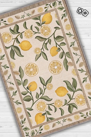 Homshtag Art Deco Limon Desenli Halı Bitki Temalı Sarı Renk Modern Limon Desenli Dijital Baskı Halı Çok Renkli