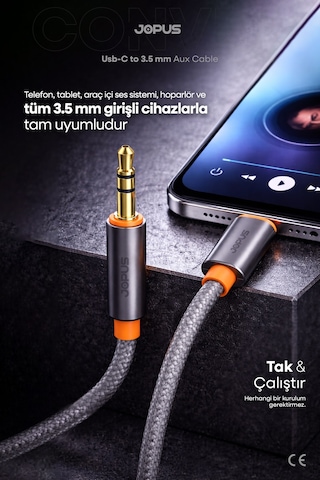 Jopus İphone Android Uyumlu - Type-c To 3.5mm Aux Kablo - Tak Çalıştır Aux Örgülü - 1 Metre - Ja-05