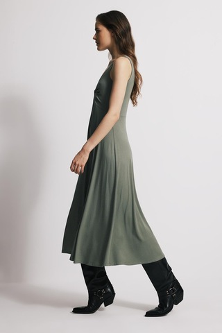 Askılı Açık Haki Midi Elbise
