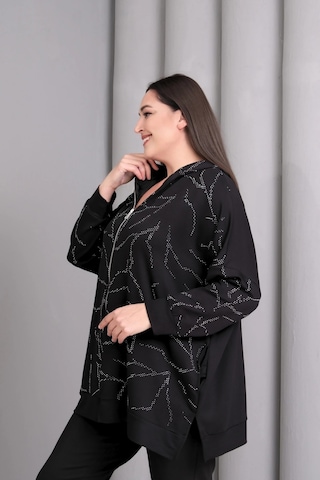 Kapüşonlu Fermuarlı Taş Baskılı Ceket Siyah