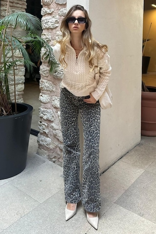 Madmext Ekru Dik Yaka Fermuar Detaylı Örme Kazak Mg2229 Ekru