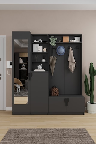 Lüks Aynalı Portmanto Askılı Vestiyer %100 Mdf Çok Raflı Ayakkabılık V03 Antrasit