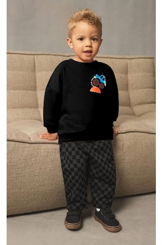 Erkek Çocuk Siyah Renk Araba Baskılı Sırt Detaylı Sweatshirt Kareli Jogger Eşofman Alt Üst Takım Siyah