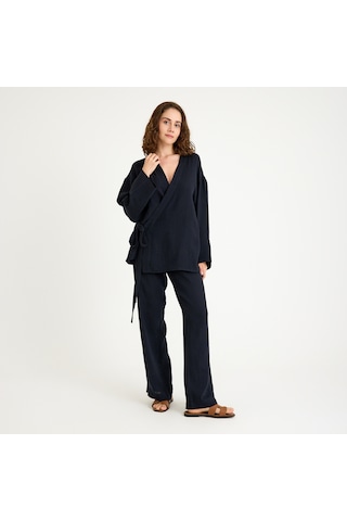 %100 Pamuklu Dokuma İçten Bağlamalı Müslin Kimono-pantolon Alt Üst Takım Siyah