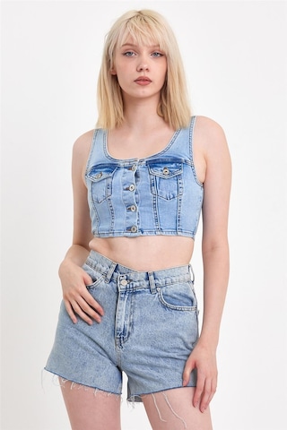 Kadın Önü Düğmeli Cep Detaylı Askılı Denim Crop Açık Mavi
