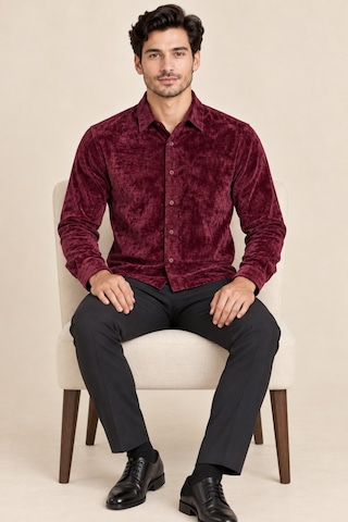 Tarz Cool Erkek Parlak Kadife Uzun Kollu Regular Fit Gömlek Bordo