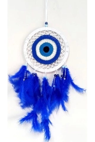 Saks Mavisi Kuş Tüylü Dream Catcher Nazar Boncuğu Motifli Düş Kapanı Duvar Süsü