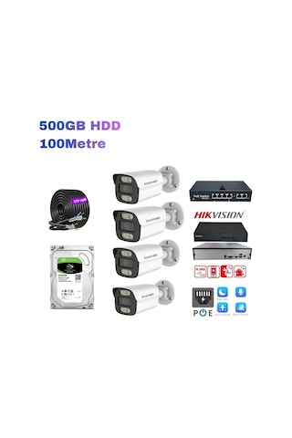 4 Lü 5mp Ip Kamera Seti Poe Hikvision Nvr İç/dış Mekan Gece Görüş Ses Kayıt Mobil İzleme 500gb Hdd