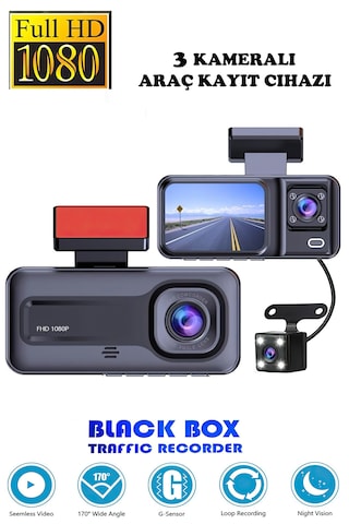 Araç İçi 3 Kameralı 1080p /2.0 İnç Lcd Ekranlı /gece Görüşlü