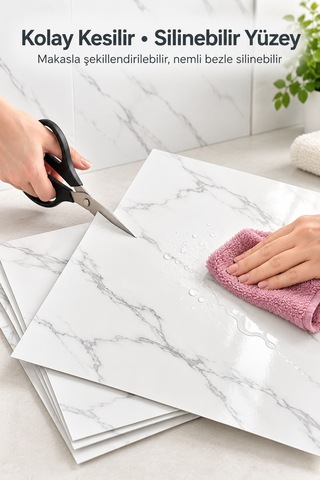 Kendinden Yapışkanlı Beyaz Mermer Desenli Duvar Paneli 30x30 Cm 6 Adet
