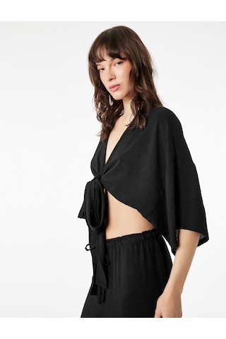 Koton Kısa Kollu Kruvaze Yaka Bağlamalı Crop Oversize Kimono Siyah 6sal50004ıw