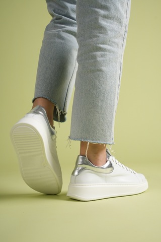 Analin Shoes Kadın Hakiki Deri Bağcıklı Casual Spor Ayakkabı Beyaz-gümüş