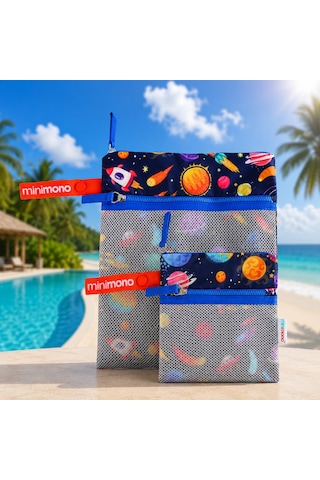 Minimono 2'li Islak & Kuru Çanta Seti Sıvı Geçirmez Pu İç Yüzey Büyük + Küçük Boy 2'li Set Uzay