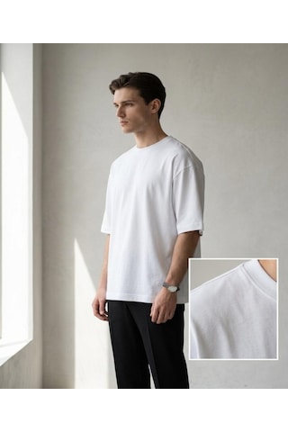 Orivra Erkek Oversize %100 Pamuk Geniş Kesim Bisiklet Yaka Beyaz Tişört