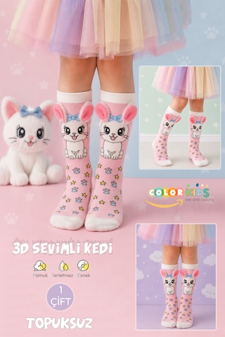 Color Socks 1 Çift Kedi Peluş Pembe Renk Kulaklı Çocuk Çorap Topuksuz