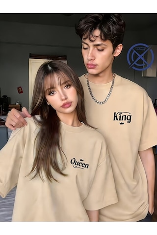 Nevermind King Queen Sevgili Tişört Kombini Unisex Çift Tişört Seti %100 Pa Bej