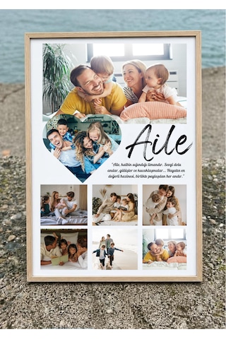 Aileye Özel Fotoğraflı Ahşap Çerçeve Kolajı - Kişiye Özel 7 Fotoğraflı Kalpli Aile Tablosu - Anlamlı Duvar Dekoru Hediyesi Kişiye Özel Fotoğraf Baskılı Aile Çerçevesi - "aile" Yazılı Ve Sözlü Anlamlı Kişiye Özel Aile Kolajı Ahşap Çerçeve Ahşap 01