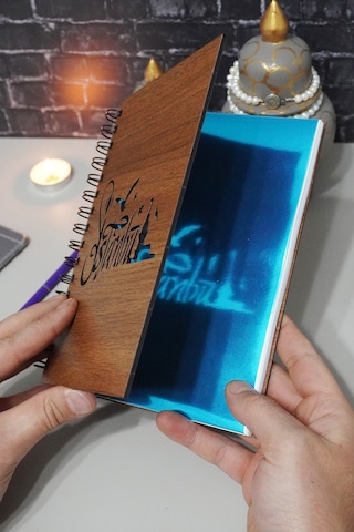 Istanbul Desenli Ahşap Kapaklı Defter - Notebook Defter Düz - Çizgisiz Defter Ahşap Rengi Ceviz