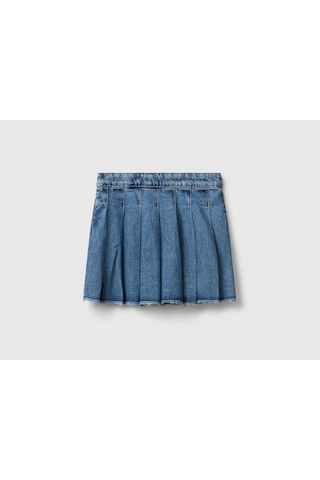 Benetton Kız Çocuk Pileli Yanı Fermuarlı Diz Üstü Denim Etek Mavi