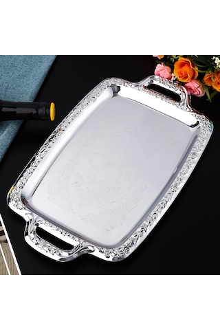 Wezone Stokta Çelik Tepsiler: Gümüş Kenarli Dikdörtgen Masaüstü Meyve-atıştırmalık Servis Ve Saklama Tabağı 40x23cm Diğer