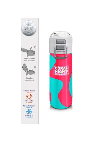 Coral High 500 Ml Kız Çocuk Pipetli Termos/matara - Neon Mercan Turuncu Desenli - Çift Kullanım Özelliği Çok Renkli