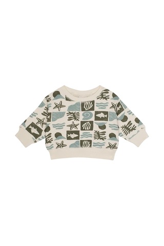 Antebies Organik Gots Sertifikalı Yeşil Okyanus Desenli Uzun Kollu Manşetli Erkek Bebek Sweatshirt