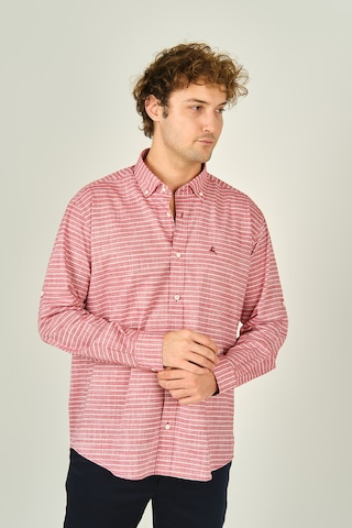 Figs Erkek Slim Fit Çizgili Uzun Kollu %100 Pamuk Gömlek 0015 Kırmızı Kırmızı
