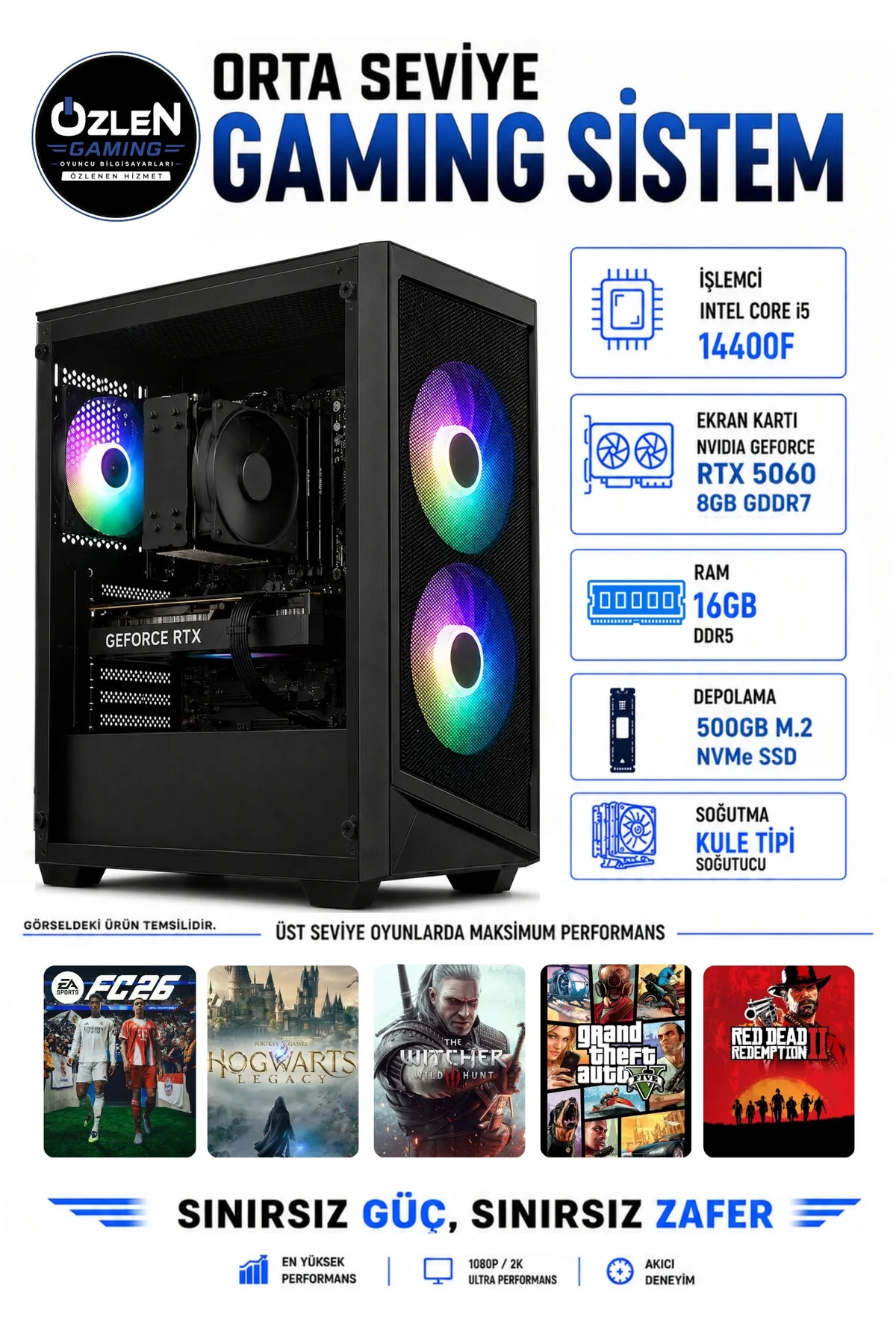 Özlen XL8 İ5 14400F RTX 5060 8GB 16GB DDR5 RAM 500GB M.2 SSD Oyuncu Bilgisayarı