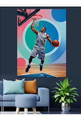 Ahşap Tablo Smaç Basan Basketbolcu Silüeti