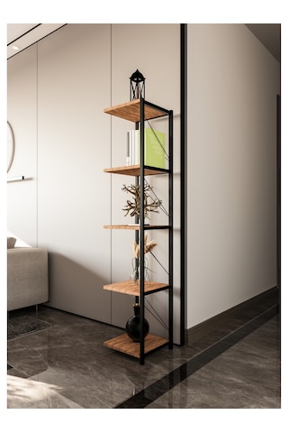 Alpa Ev Mobilya 5 Katlı Kare Raflı Metal Köşe Raf, Dekoratif Kitaplık Ve Modern Saksılık Atlantik Çam