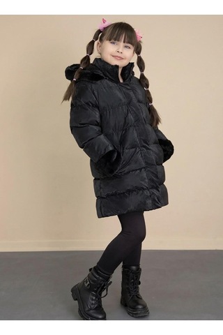 Boutiguestyles Kız Çocuk Şişme Mont Kürklü Gri Sedefli Işıltılı Çıkarılabilir Kapüşonlu Fermuarlı Siyah