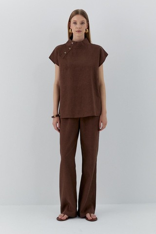 Düğme Detaylı Keten Takım Kahverengi Kahverengi