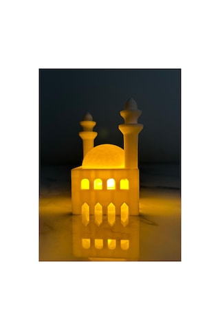 Ramazan Cami Figürlü Biblo İkili Set Işıklı Pilli Mumluk Ev Aksesuarı Beyaz